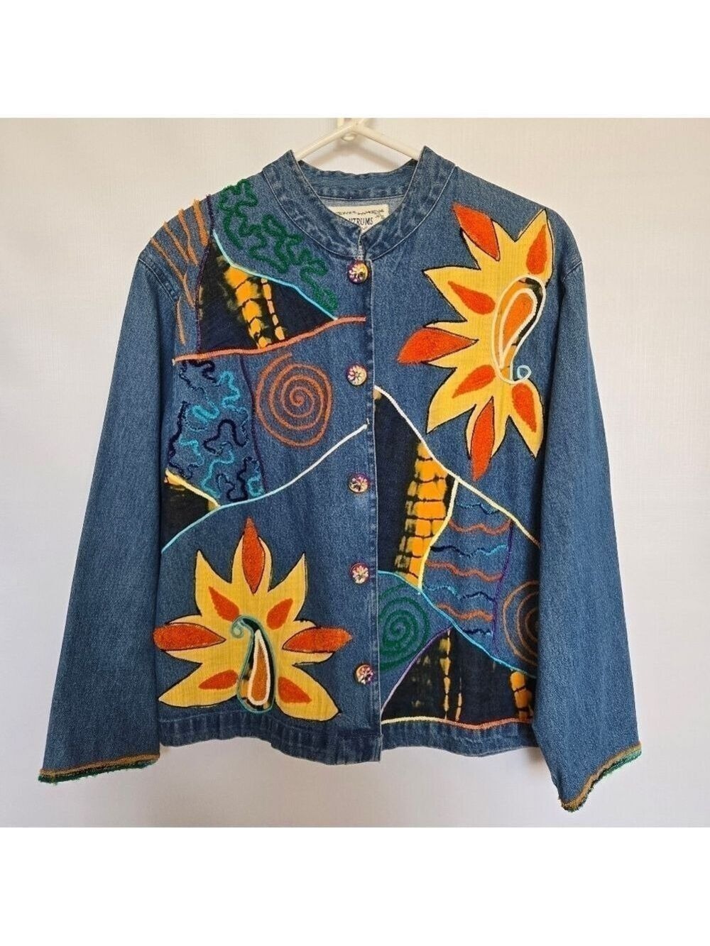 TANTRUMS DENIM JEAN JACKET WOMENS COLORFUL BLUE ORANGE YELLOW GREEN (M)